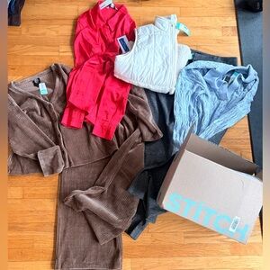 Poshmark box: shirt, corduroy top & wide leg pants, sweater, vest & dress pant